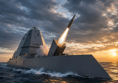Stealth Warship Missile Launch at Sunset