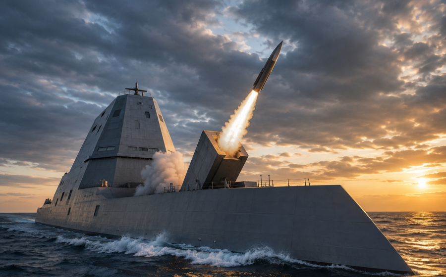 Stealth Warship Missile Launch at Sunset